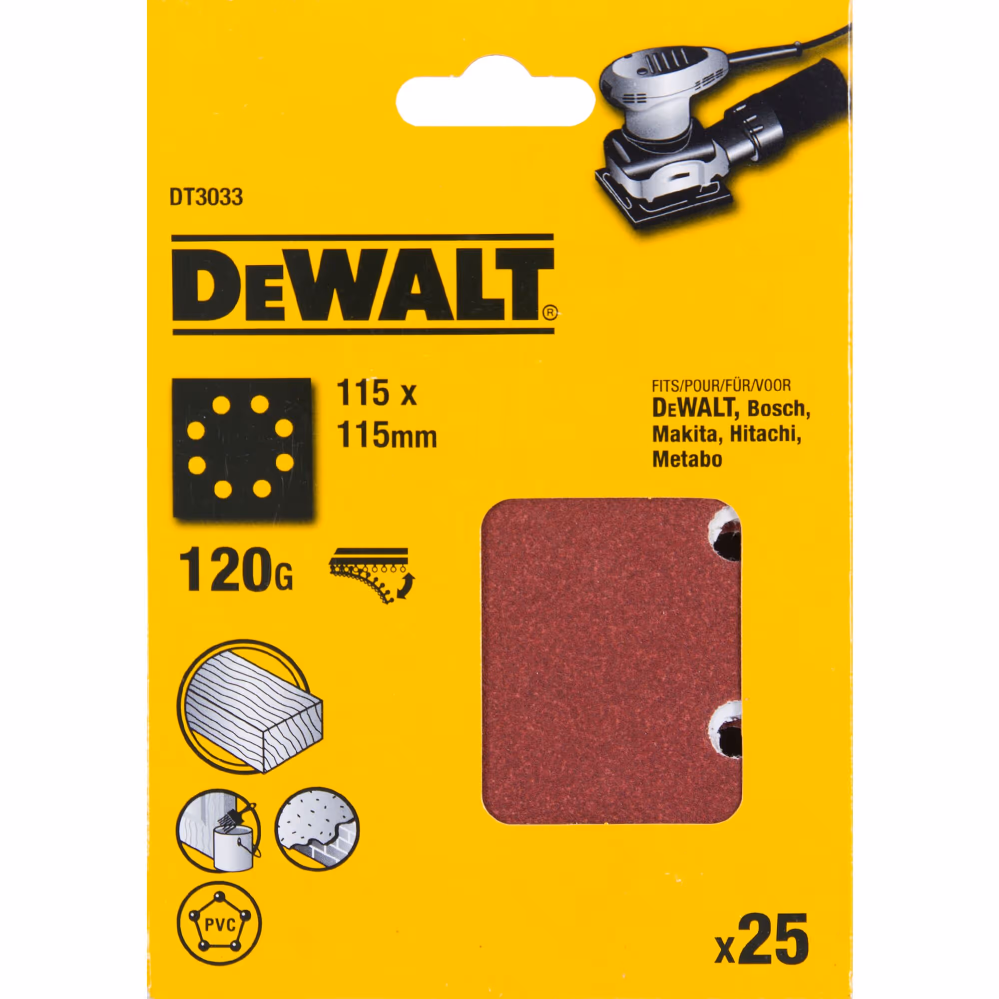 1/4 feuille abrasive pour ponceuses vibrantes grain 120 - 8 perforations 115 x 115 mm. Multi-usages peinture / bois - à sec