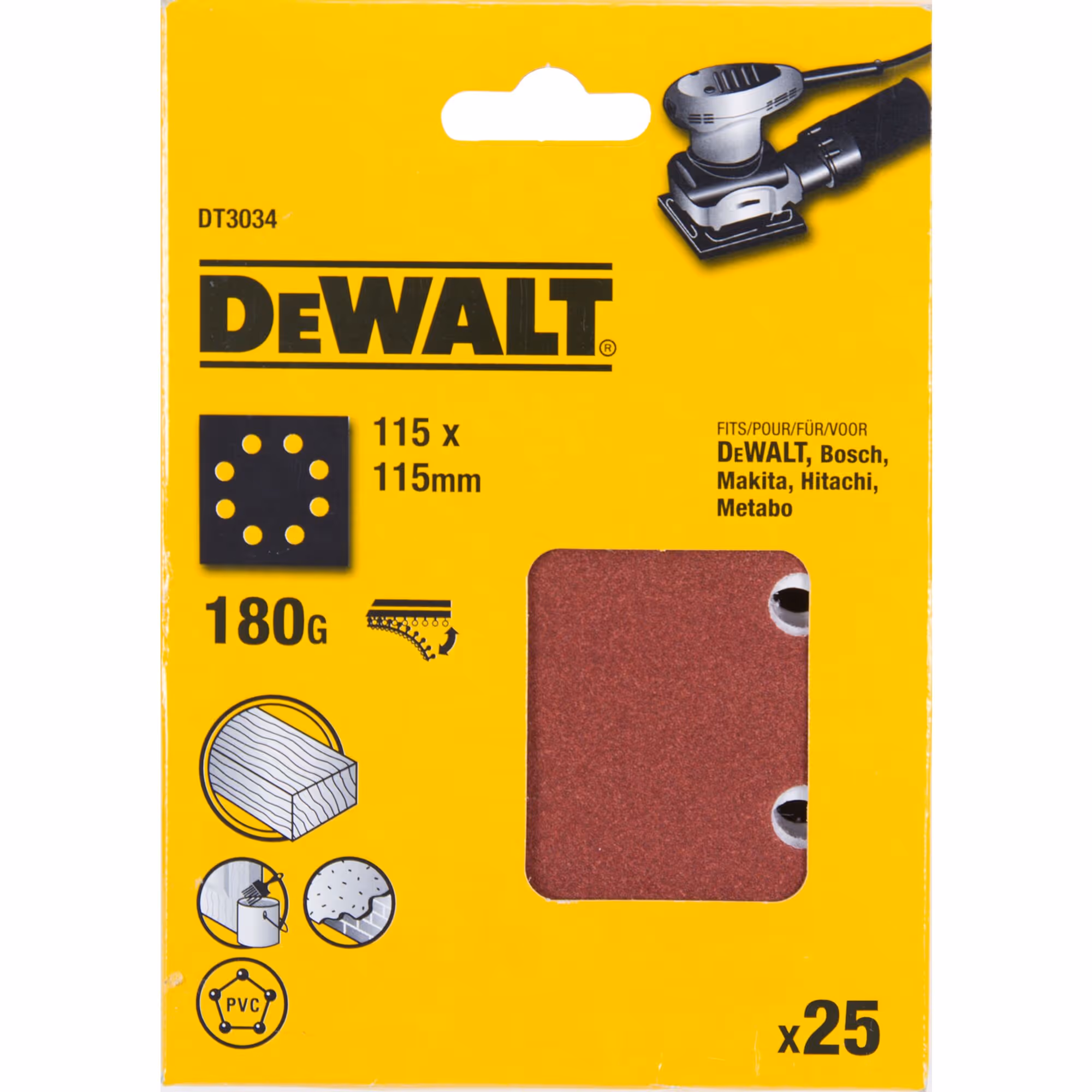 1/4 feuille abrasive pour ponceuses vibrantes grain 180 - 8 perforations 115 x 115 mm. Multi-usages peinture / bois - à sec