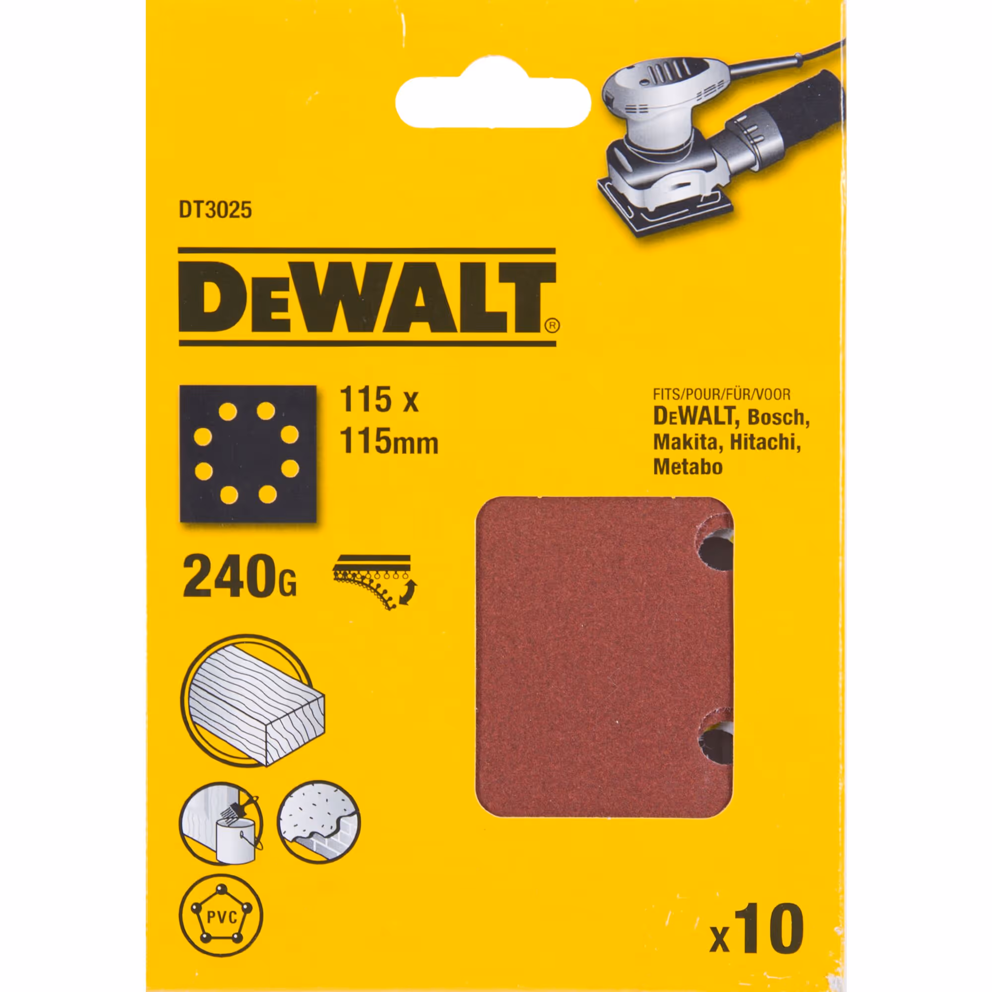 1/4 feuille abrasive pour ponceuses vibrantes grain 240 - 8 perforations 115 x 115 mm. Multi-usages peinture / bois - à sec