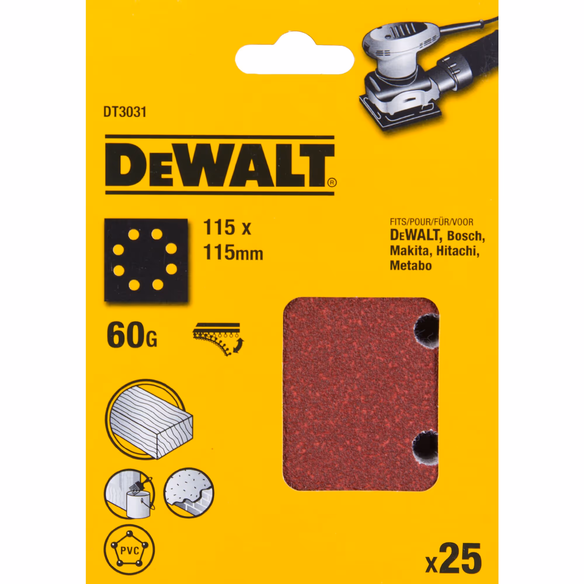 1/4 feuille abrasive pour ponceuses vibrantes grain 60 - 8 perforations 115 x 115 mm. Multi-usages peinture / bois - à sec