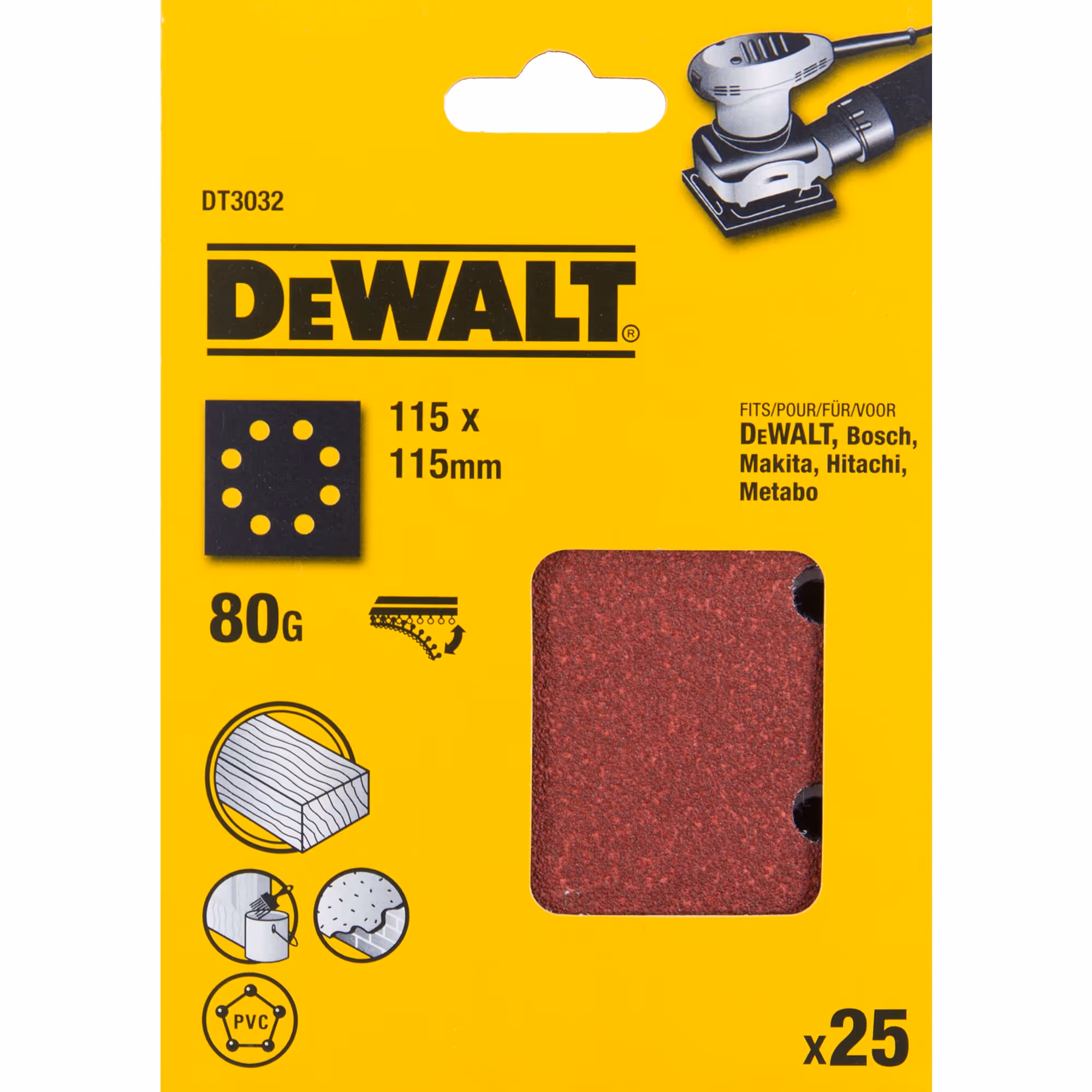 1/4 feuille abrasive pour ponceuses vibrantes grain 80 - 8 perforations 115 x 115 mm. Multi-usages peinture / bois - à sec