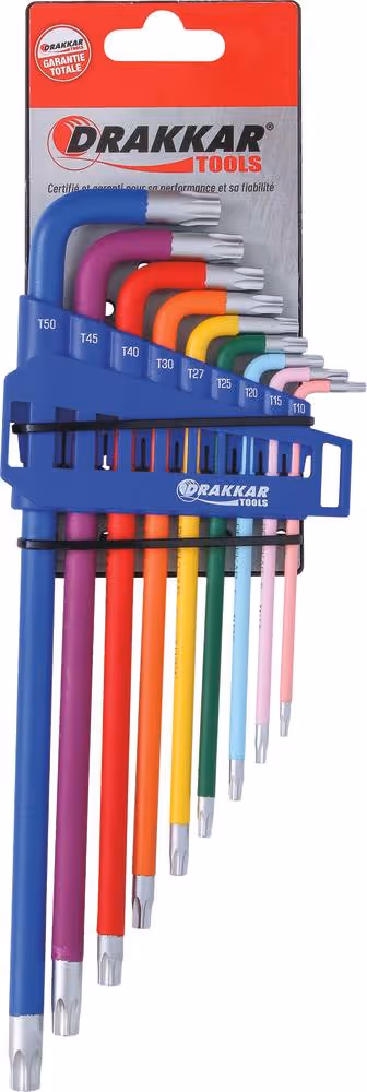 9 CLES MALES COUDEES ALESEES TORX EXTRA LONGUES - CODES COULEURS S/CARTE