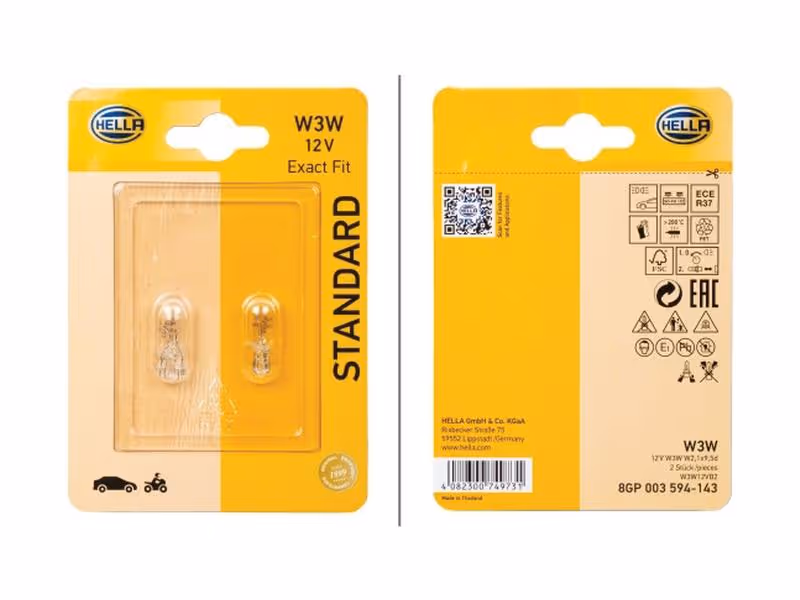 Ampoule (Halogène) W3W, 12V, 3W, W2.1x9.5d (Clamshell 2 pièces) - ref 8GP003594143