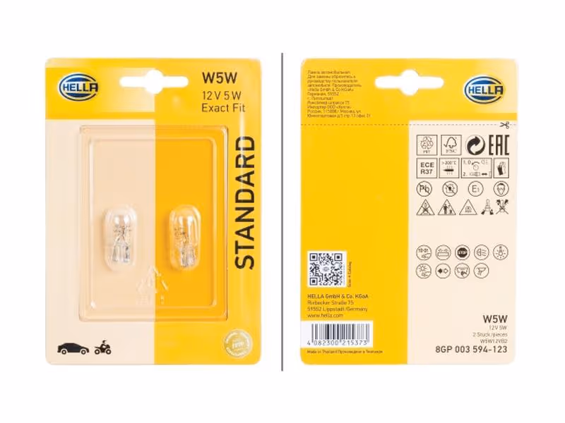 Ampoule (Halogène) W5W, 12V, 5W, W2.1x9.5d (Clamshell 2 pièces) - ref 8GP003594-123
