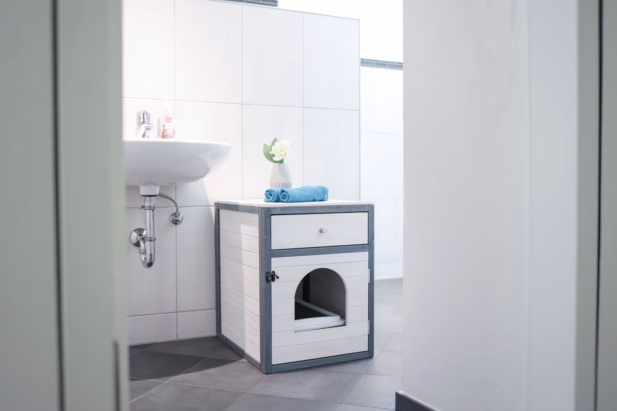 Armoire pour chat Ida blanc/bleu, 58x45x60cm
