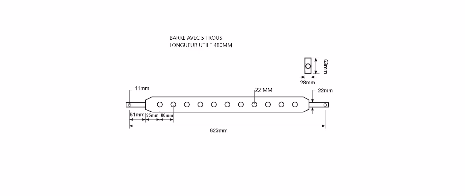 Barre  à trous Cat.1 5 trous L580 mm section 25x63 mm