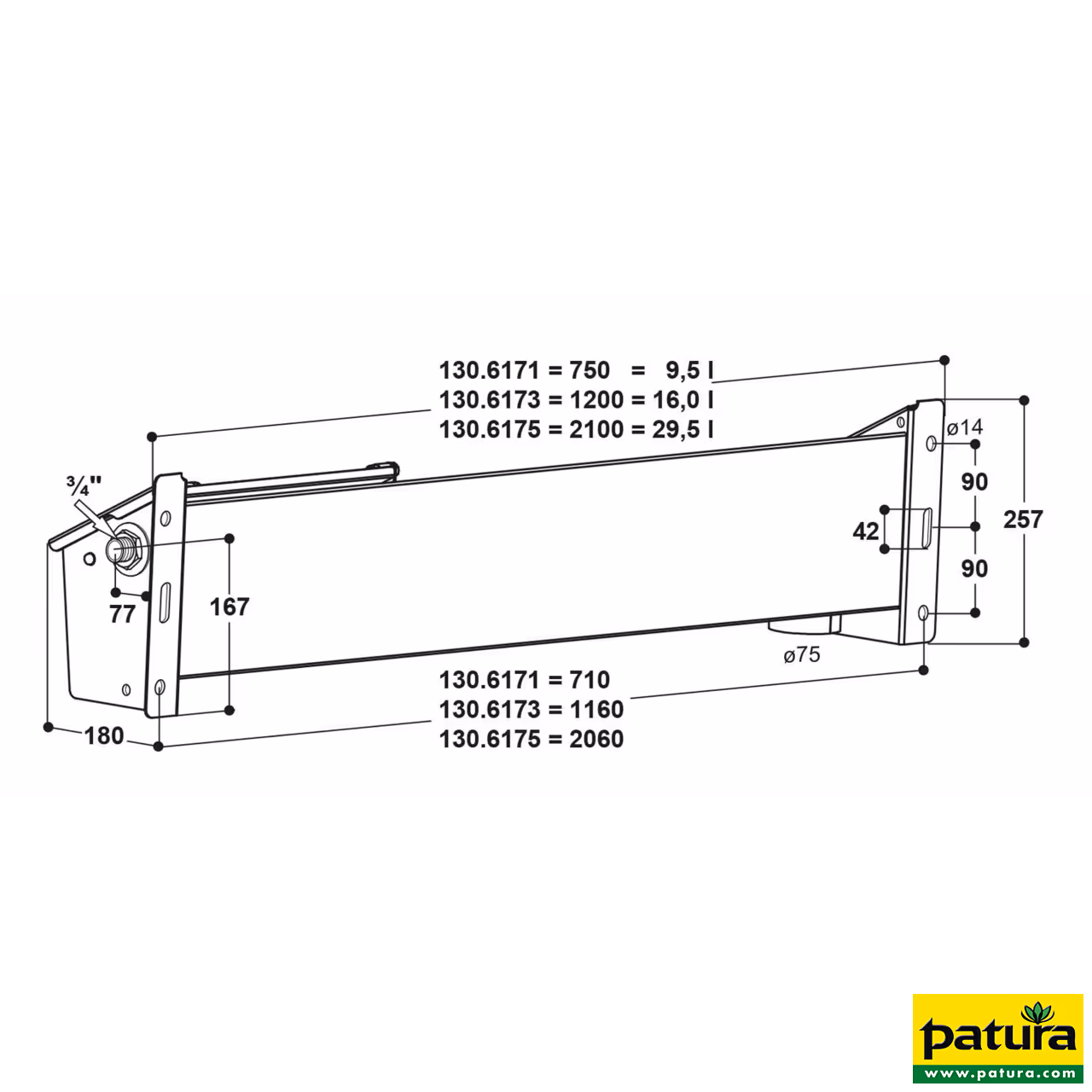 Bac d'abreuvement Mod. 6175 pour chèvres et moutons, L=2,10 m contenu 29,5 L, débit 40 L / min