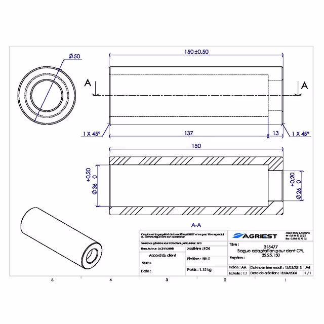 Bague adaptation pr dent ø35/25 lg150