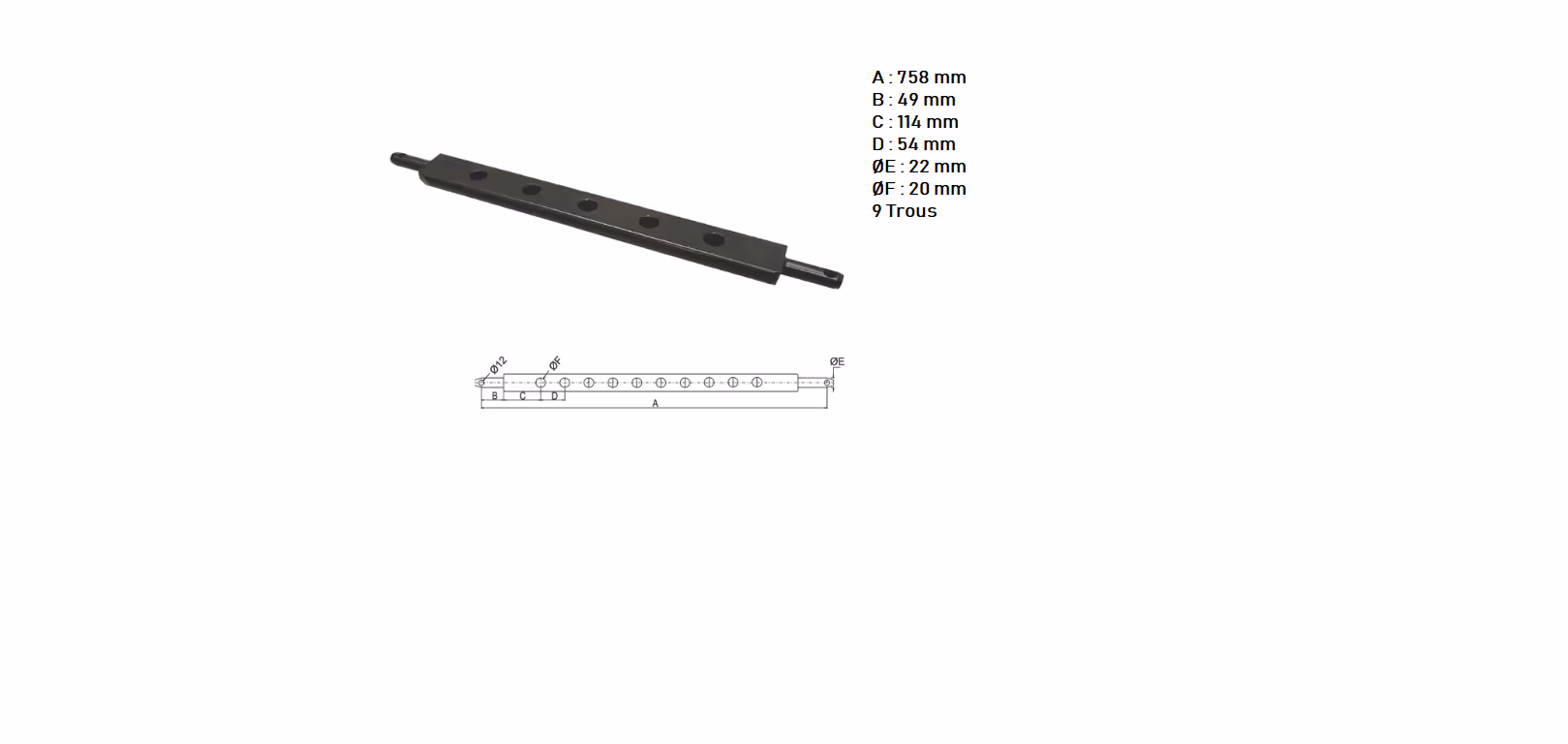 Barre  à trous Cat.1 9 trous L758 mm section 30x63 mm