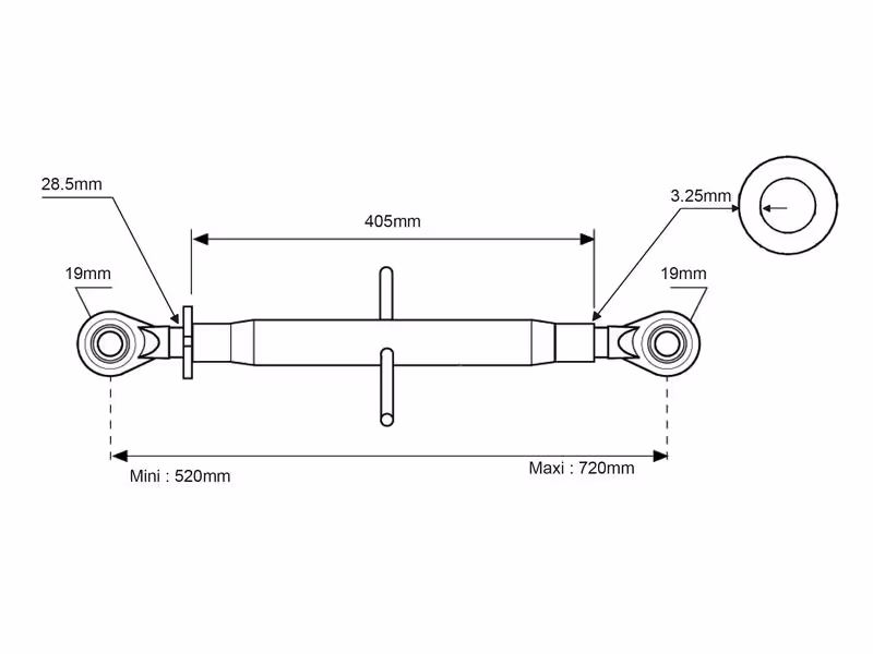 Barre de poussée (Cat.1/1 (Ø19/19mm)) Rotule and Rotule, 1-1/8, Min. Longueur: 520mm. - adaptable sur tracteurs Ford