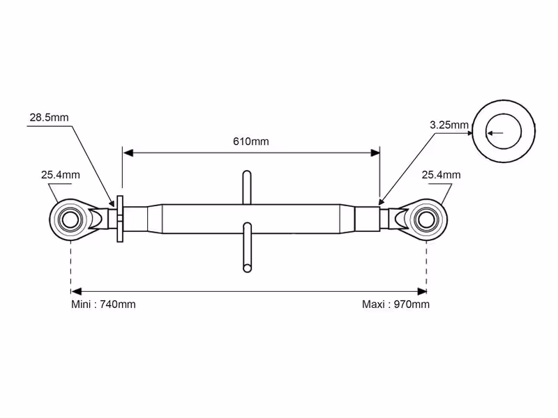 Barre de poussée (Cat.2/2 (Ø25/25mm)) Rotule and Rotule, 1-1/8, Min. Longueur: 740mm. - adaptable sur tracteurs New Holland, Massey Ferguson - ref 5095817