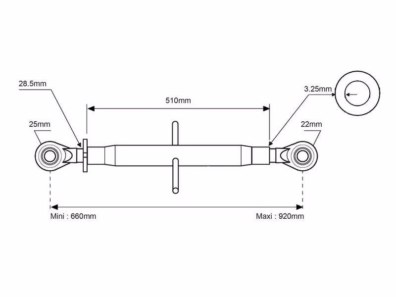 Barre de poussée (Cat.22mm/2 (Ø22/25mm)) Rotule and Rotule, 1-1/8, Min. Longueur: 660mm. - adaptable sur tracteurs Fendt