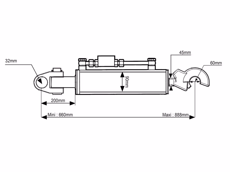 Barre de Poussée Hydraulique (Cat.3/3 (Ø32/32mm)) Noix et CBM Q.R Crochet, Diamètre du cylindre: 90mm, Min. Longueur : 660mm. - adaptable sur tracteurs John-Deere - ref AL175550