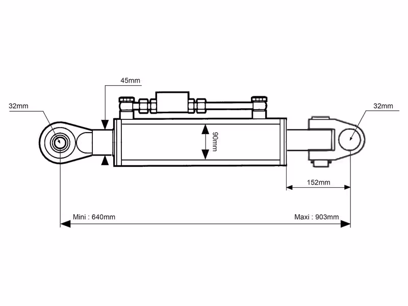 Barre de Poussée Hydraulique (Cat.3/3 (Ø32/32mm)) Noix et Rotule, Diamètre du cylindre: 90mm, Min. Longueur : 640mm. - adaptable sur tracteurs Massey Ferguson, John-Deere, Deutz Fahr - ref ACV078975A