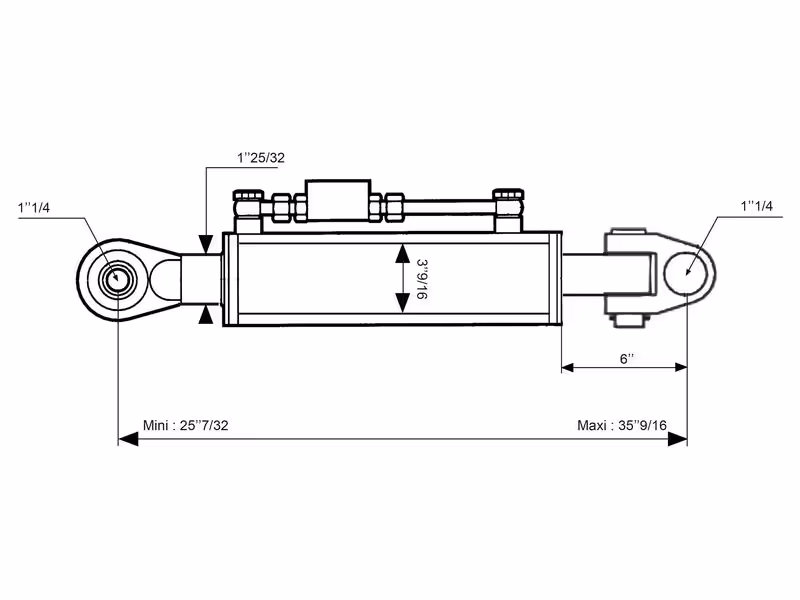 Barre de Poussée Hydraulique (Cat.3/3 (Ø32/32mm)) Noix et Rotule, Diamètre du cylindre: 90mm, Min. Longueur : 640mm. - adaptable sur tracteurs Massey Ferguson, John-Deere, Deutz Fahr - ref ACV078975A