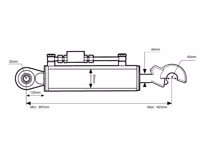 Barre de Poussée Hydraulique (Cat.3/3 (Ø32/32mm)) Rotule et CBM Q.R Crochet, Diamètre du cylindre: 80mm, Min. Longueur : 667mm.