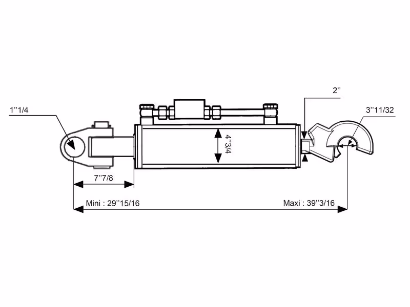 Barre de Poussée Hydraulique (Cat.3/4 (Ø32/45mm)) Noix et CBM Q.R Crochet, Diamètre du cylindre: 120mm, Min. Longueur : 760mm. - adaptable sur tracteurs New Holland, Claas