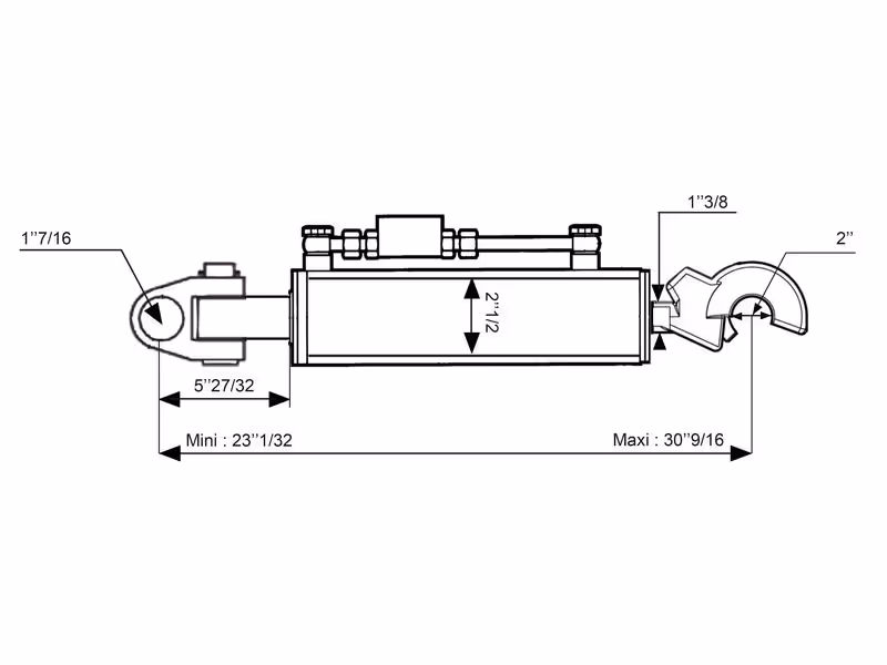 Barre de Poussée Hydraulique (Cat.36mm/2 (Ø36/25mm)) Noix et CBM Q.R Crochet, Diamètre du cylindre: 63mm, Min. Longueur : 585mm.