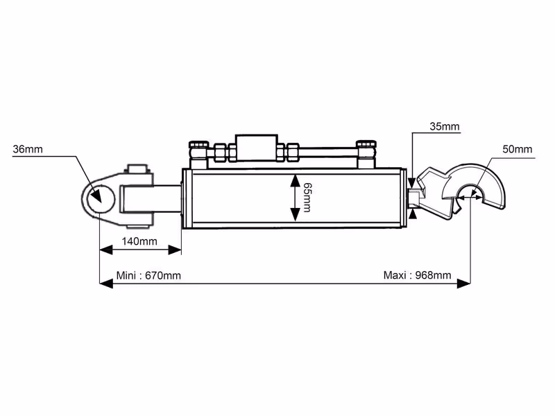 Barre de Poussée Hydraulique (Cat.36mm/2 (Ø36/25mm)) Noix et CBM Q.R Crochet, Diamètre du cylindre: 63mm, Min. Longueur : 670mm.
