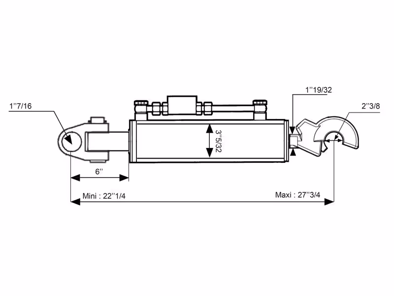 Barre de Poussée Hydraulique (Cat.36mm/3 (Ø36/32mm)) Noix et CBM Q.R Crochet, Diamètre du cylindre: 80mm, Min. Longueur : 565mm.
