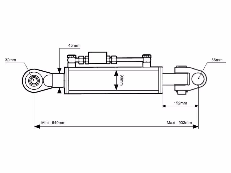 Barre de Poussée Hydraulique (Cat.36mm/3 (Ø36/32mm)) Noix et Rotule, Diamètre du cylindre: 90mm, Min. Longueur : 640mm.