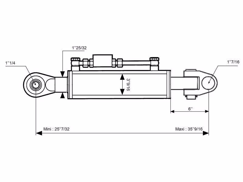 Barre de Poussée Hydraulique (Cat.36mm/3 (Ø36/32mm)) Noix et Rotule, Diamètre du cylindre: 90mm, Min. Longueur : 640mm.
