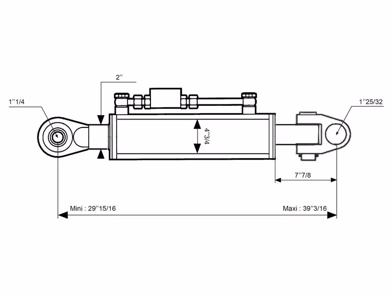 Barre de Poussée Hydraulique (Cat.4/3 (Ø45/32mm)) Noix et Rotule, Diamètre du cylindre: 120mm, Min. Longueur : 760mm. - adaptable sur tracteurs John-Deere, New Holland - ref RE556418