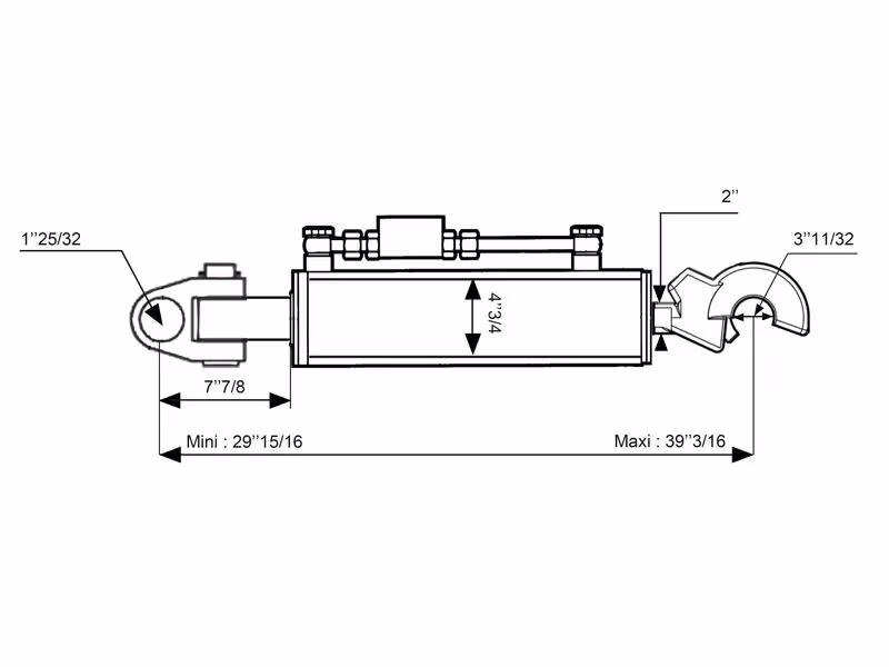 Barre de Poussée Hydraulique (Cat.4/4 (Ø45/45mm)) Noix et CBM Q.R Crochet, Diamètre du cylindre: 120mm, Min. Longueur : 760mm. - adaptable sur tracteurs New Holland, John-Deere - ref RE311985
