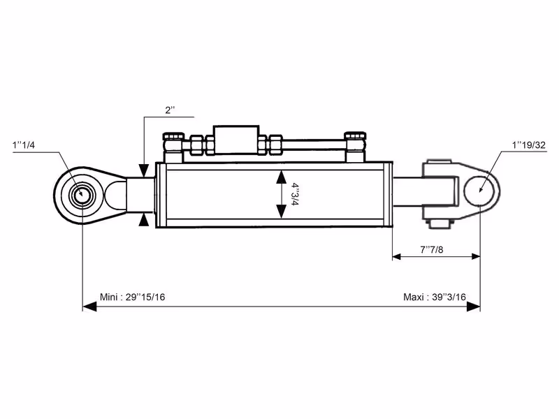 Barre de Poussée Hydraulique (Cat.40mm/3 (Ø40/32mm)) Noix et Rotule, Diamètre du cylindre: 120mm, Min. Longueur : 760mm. - adaptable sur tracteurs Fendt