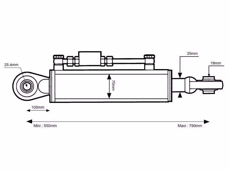 Barre de Poussée Hydraulique (Cat.50mm/1 (Ø50/19mm)) Rotule et Rotule, Diamètre du cylindre: 70mm, Min. Longueur : 550mm. - adaptable sur tracteurs New Holland, Landini, Kubota - ref 5197936