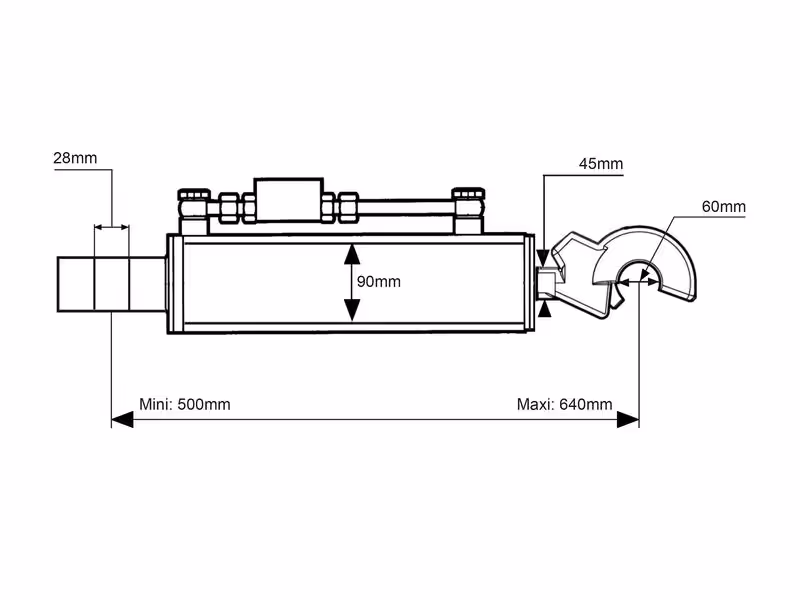 Barre de Poussée Hydraulique (Cat.-/3 (Ø-/32mm)) et CBM Q.R Crochet, Diamètre du cylindre: 90mm, Min. Longueur : 500mm.