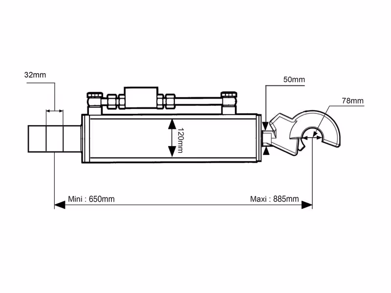 Barre de Poussée Hydraulique (Cat.-/4 (Ø-/45mm)) et CBM Q.R Crochet, Diamètre du cylindre: 120mm, Min. Longueur : 650mm.