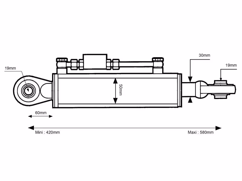 Barre de Poussée Hydraulique (Cat.1/1 (Ø19/19mm)) Rotule et Rotule, Diamètre du cylindre: 50mm, Min. Longueur : 420mm. - adaptable sur tracteurs Fiat