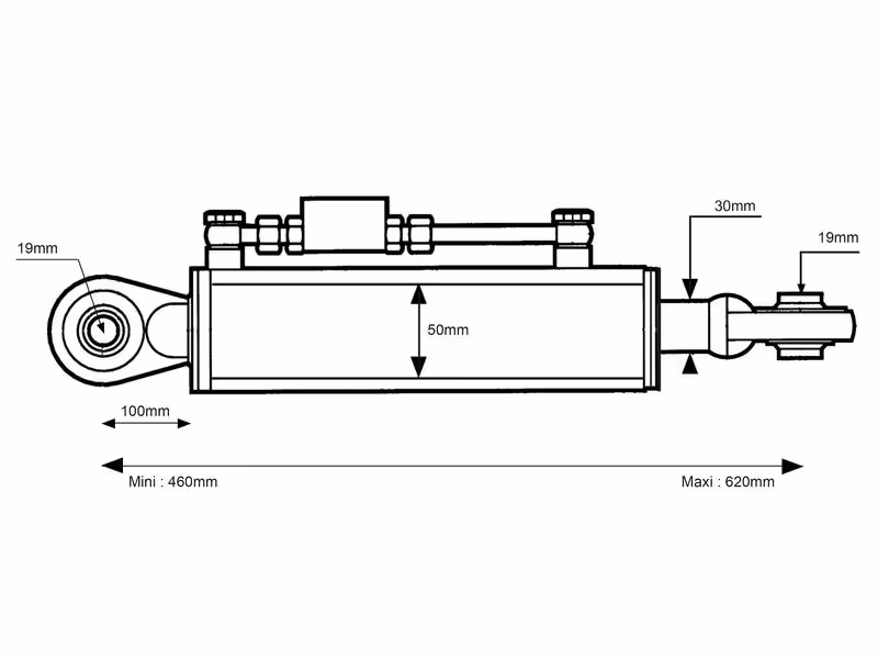 Barre de Poussée Hydraulique (Cat.1/1 (Ø19/19mm)) Rotule et Rotule, Diamètre du cylindre: 50mm, Min. Longueur : 460mm.