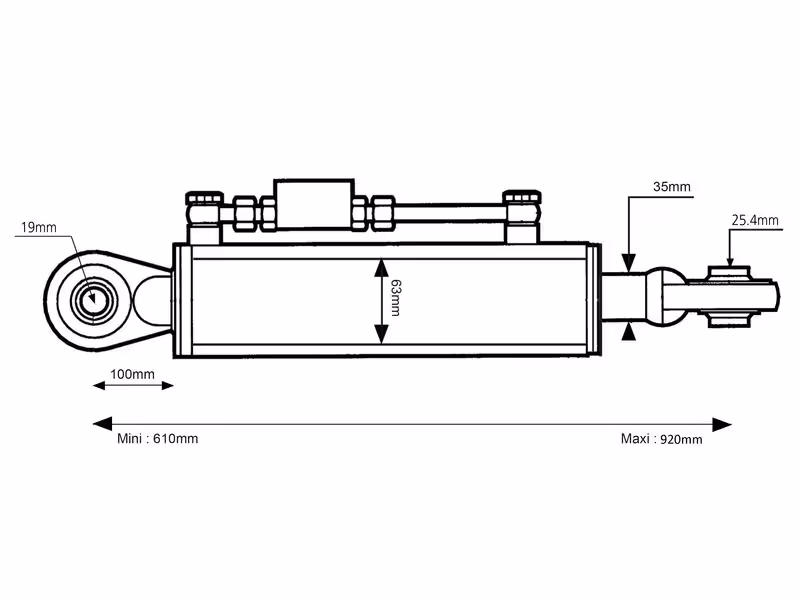 Barre de Poussée Hydraulique (Cat.1/2 (Ø19/25mm)) Rotule et Rotule, Diamètre du cylindre: 63mm, Min. Longueur : 610mm. - adaptable sur tracteurs New Holland, Case IH, Kubota - ref 84409537