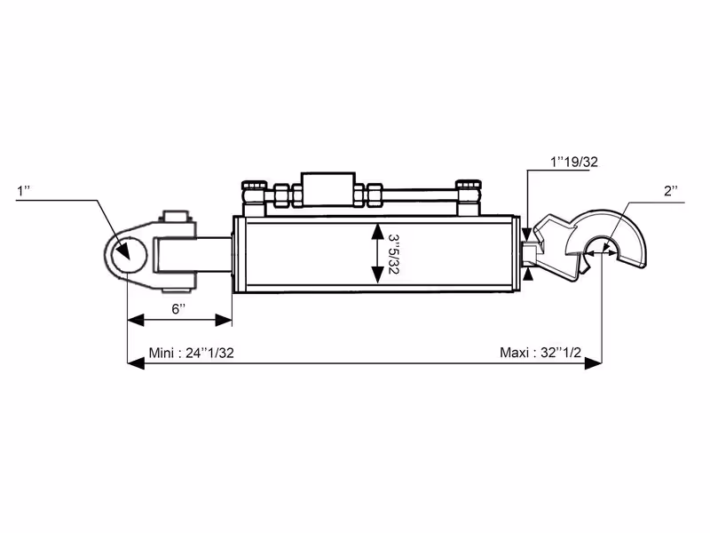Barre de Poussée Hydraulique (Cat.2/2 (Ø25/25mm)) Noix et CBM Q.R Crochet, Diamètre du cylindre: 80mm, Min. Longueur : 610mm.