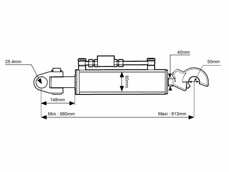 Barre de Poussée Hydraulique (Cat.2/2 (Ø25/25mm)) Noix et CBM Q.R Crochet, Diamètre du cylindre: 80mm, Min. Longueur : 660mm.