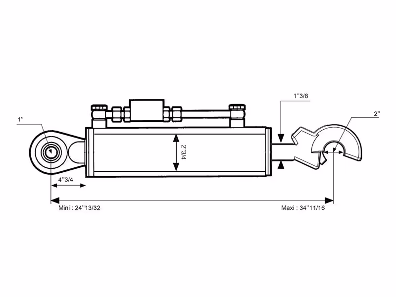 Barre de Poussée Hydraulique (Cat.2/2 (Ø25/25mm)) Rotule et CBM Q.R Crochet, Diamètre du cylindre: 70mm, Min. Longueur : 620mm. - adaptable sur tracteurs New Holland, Massey Ferguson, Valtra-Valmet - ref G716870050021
