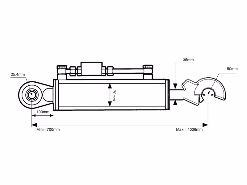 Barre de Poussée Hydraulique (Cat.2/2 (Ø25/25mm)) Rotule et CBM Q.R Crochet, Diamètre du cylindre: 70mm, Min. Longueur : 700mm. - adaptable sur tracteurs New Holland, Case IH, Landini - ref 84301987