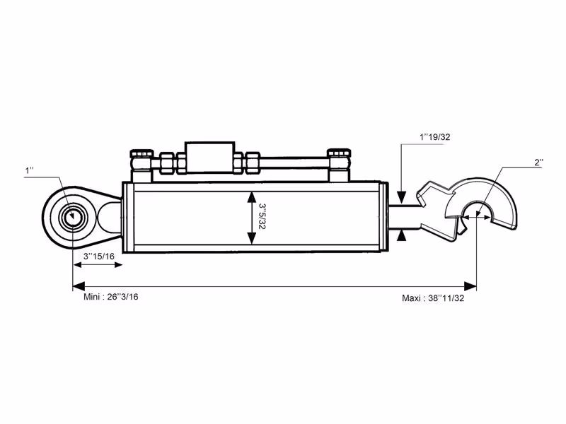 Barre de Poussée Hydraulique (Cat.2/2 (Ø25/25mm)) Rotule et CBM Q.R Crochet, Diamètre du cylindre: 80mm, Min. Longueur : 665mm.