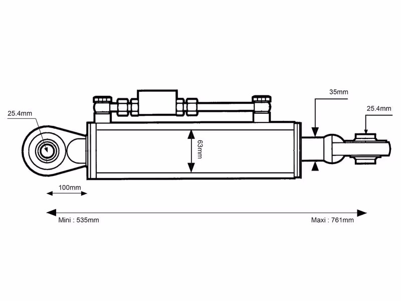 Barre de Poussée Hydraulique (Cat.2/2 (Ø25/25mm)) Rotule et Rotule, Diamètre du cylindre: 63mm, Min. Longueur : 535mm. - adaptable sur tracteurs John-Deere, Claas, Mccormick
