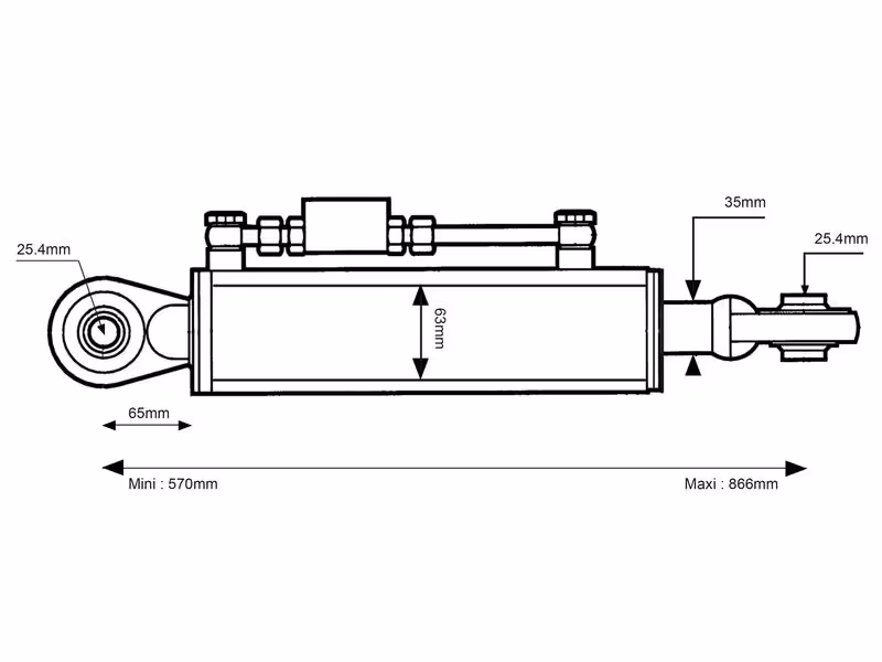 Barre de Poussée Hydraulique (Cat.2/2 (Ø25/25mm)) Rotule et Rotule, Diamètre du cylindre: 63mm, Min. Longueur : 570mm. - adaptable sur tracteurs New Holland, Case IH, SAME - ref G222920050010