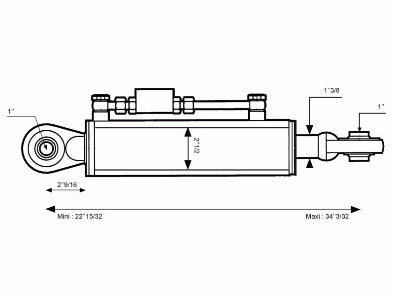 Barre de Poussée Hydraulique (Cat.2/2 (Ø25/25mm)) Rotule et Rotule, Diamètre du cylindre: 63mm, Min. Longueur : 570mm. - adaptable sur tracteurs New Holland, Case IH, SAME - ref G222920050010