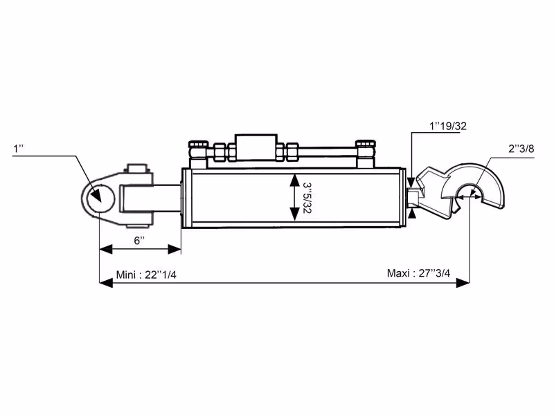 Barre de Poussée Hydraulique (Cat.2/3 (Ø25/32mm)) Noix et CBM Q.R Crochet, Diamètre du cylindre: 80mm, Min. Longueur : 565mm.