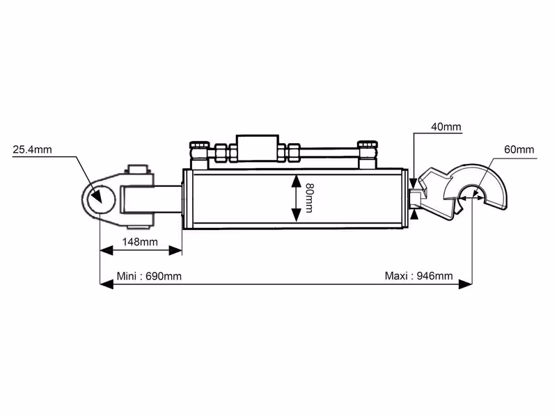 Barre de Poussée Hydraulique (Cat.2/3 (Ø25/32mm)) Noix et CBM Q.R Crochet, Diamètre du cylindre: 80mm, Min. Longueur : 690mm.