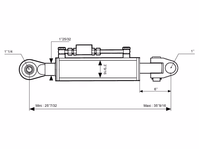 Barre de Poussée Hydraulique (Cat.2/3 (Ø25/32mm)) Noix et Rotule, Diamètre du cylindre: 90mm, Min. Longueur : 640mm. - adaptable sur tracteurs Valtra, Claas, Massey Ferguson