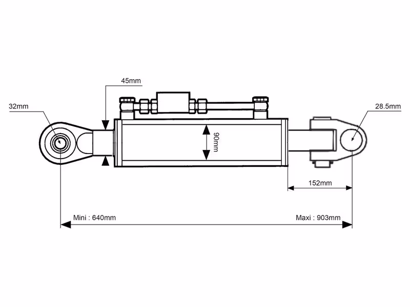 Barre de Poussée Hydraulique (Cat.28mm/3 (Ø28/32mm)) Noix et Rotule, Diamètre du cylindre: 90mm, Min. Longueur : 640mm. - adaptable sur tracteurs Case IH, New Holland, Steyr