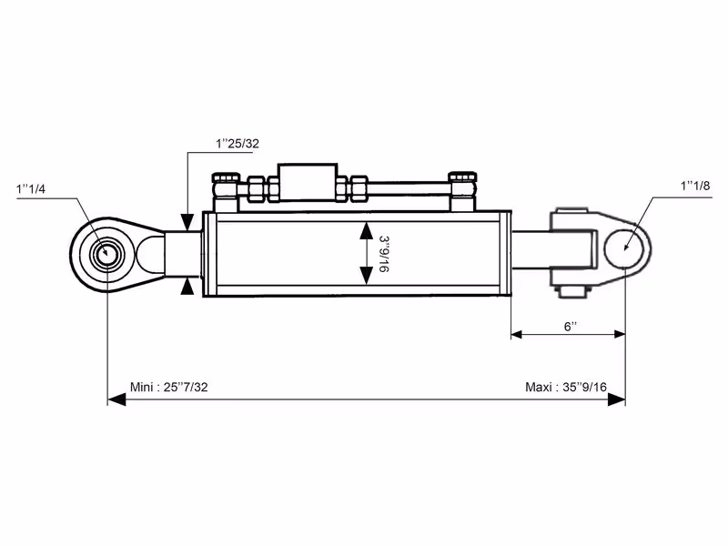 Barre de Poussée Hydraulique (Cat.28mm/3 (Ø28/32mm)) Noix et Rotule, Diamètre du cylindre: 90mm, Min. Longueur : 640mm. - adaptable sur tracteurs Case IH, New Holland, Steyr