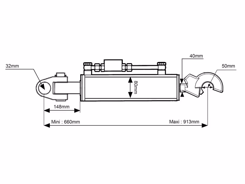 Barre de Poussée Hydraulique (Cat.3/2 (Ø32/25mm)) Noix et CBM Q.R Crochet, Diamètre du cylindre: 80mm, Min. Longueur : 660mm.