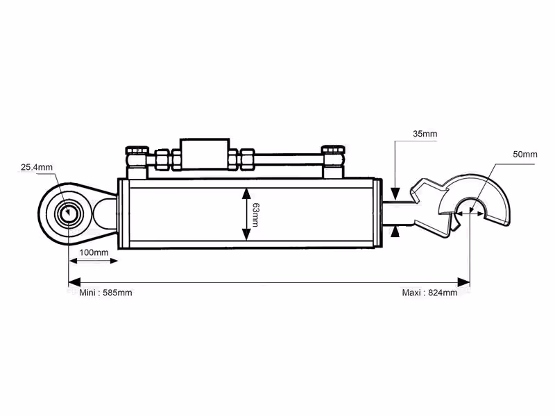Barre de poussée hydraulique Cat.2/2 L585-825 mm - adaptable sur tracteurs New Holland, Case IH, SAME - ref G117870050010